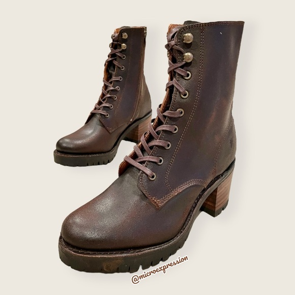 $528 Frye Sabrina Moto Brown Lace Up Leather Chunky Lug Heel Combat Ankle Bootie - Picture 6 of 15